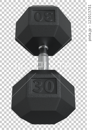 Hex Dumbbell with number 30, weightlifting gym equipment side view. Png clipart isolated on transparent background 123013781