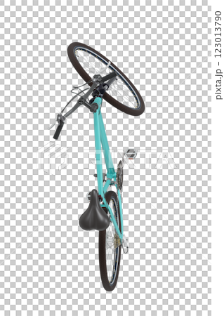 Blue green bicycle standing while leaning on kickstand, top view. Bike resting on kick stand. Png clipart isolated on transparent background 123013790
