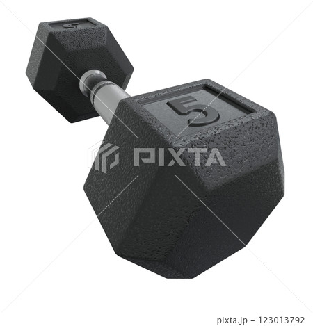Hex Dumbbell with number 5, weightlifting gym equipment side view. Png clipart isolated on transparent background 123013792