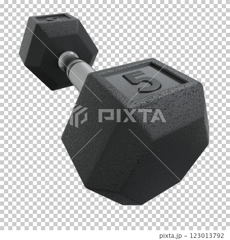 Hex Dumbbell with number 5, weightlifting gym equipment side view. Png clipart isolated on transparent background 123013792