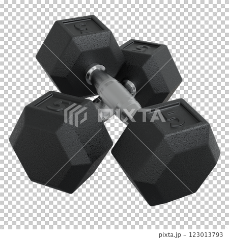 Hex Dumbbells with number 5, weightlifting gym equipment side view. Png clipart isolated on transparent background 123013793