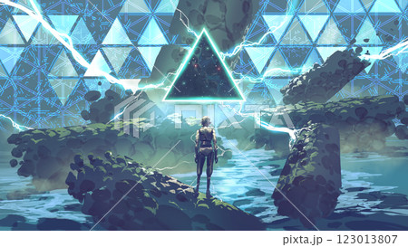 Futuristic Robot Facing Glowing Triangle Portal 123013807