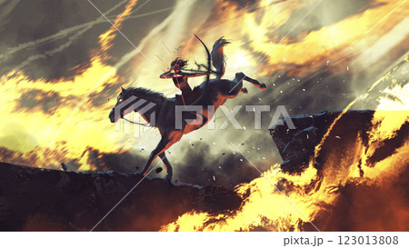 Archer on Horseback Amidst Fiery Battlefield 123013808