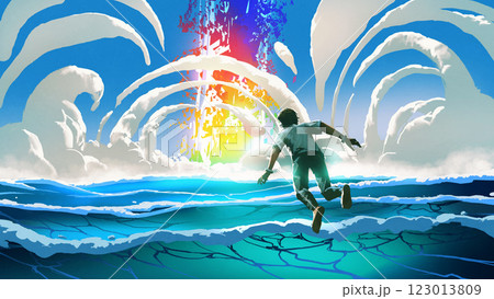 Man Exploring Surreal Rainbow Portal 123013809