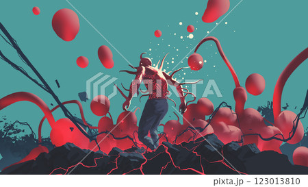 Glowing Human in Surreal Red Energy Field Glowing Human in Surreal Red Energy Field 123013810