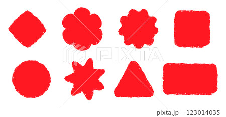 Stamps of different shapes with red texture. Grunge circle, square, rectangle and triangle. Star and flower stamp. Stamps of different shapes with red texture. Grunge circle, square, rectangle and triangle. Star and flower stamp. 123014035