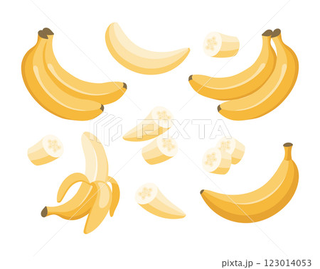 Banana set. Banana icons, half peeled and slice banana, bunch of bananas. Exotic sweet desserts.Tropical fruits, food illustration Banana set. Banana icons, half peeled and slice banana, bunch of bananas. Exotic sweet desserts.Tropical fruits, food illustration 123014053