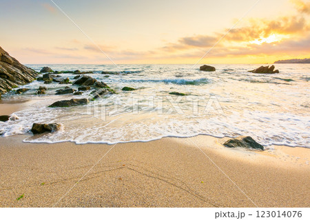 summer holiday season at the seaside. beautiful seascape at sunrise. golden sandy beach in morning light. sun behind fluffy clouds on sky above horizon. scenic travel background with rocks and waves summer holiday season at the seaside. beautiful seascape at sunrise. golden sandy beach in morning light. sun behind fluffy clouds on sky above horizon. scenic travel background with rocks and waves 123014076