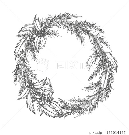 Fir branches and holly sprig with berries braided into Christmas wreath. Vector. Graphics illustration on white background shape. New Year composition for wrapping paper, textiles, napkin, tablecloth Fir branches and holly sprig with berries braided into Christmas wreath. Vector. Graphics illustration on white background shape. New Year composition for wrapping paper, textiles, napkin, tablecloth 123014135