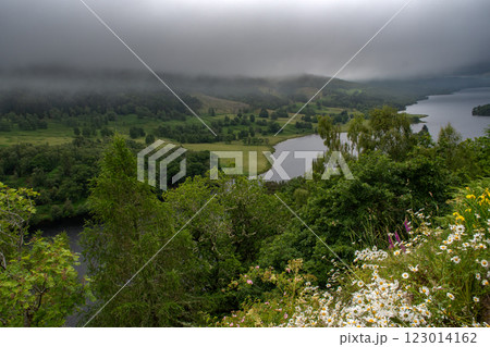 Panoramic View Over Loch Tummel And Tay Forest Park To The Mountains Of Glencoe From Queen's View Near Pitlochry In Scotland Panoramic View Over Loch Tummel And Tay Forest Park To The Mountains Of Glencoe From Queen's View Near Pitlochry In Scotland 123014162