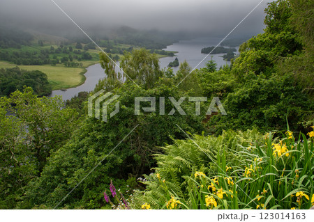 Panoramic View Over Loch Tummel And Tay Forest Park To The Mountains Of Glencoe From Queen's View Near Pitlochry In Scotland Panoramic View Over Loch Tummel And Tay Forest Park To The Mountains Of Glencoe From Queen's View Near Pitlochry In Scotland 123014163
