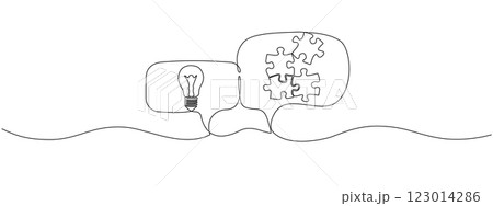 Continuous single-line lamp drawing, puzzles in speech bubbles. Teamwork concepts, strategies in minimal linear style. Vector editable illustration 123014286