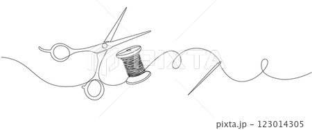 Continuous drawing of one editable line of scissors, thread spool and sewing needle.   Sewing accessories icon for needlework and tailor , in simple linear style.  Vector illustration. 123014305