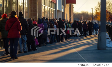 Long queue of people waiting outside a store at sunset. 123014732