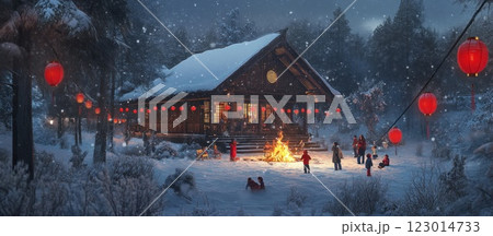 Festive winter scene with people gathered around a bonfire outside a snow-covered Asian-style house illuminated by red lanterns in a snowy forest. 123014733