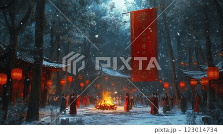 Snowy winter night festive gathering around bonfire in Asian temple courtyard. 123014734