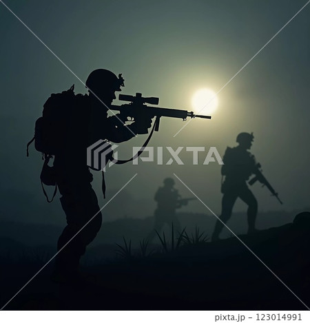 Silhouettes of military soldiers maneuver through thick fog, preparing for an active confrontation. Atmosphere is tense as the sun begins to rise. The military goes on the night attack. Generative AI Silhouettes of military soldiers maneuver through thick fog, preparing for an active confrontation. Atmosphere is tense as the sun begins to rise. The military goes on the night attack. Generative AI 123014991
