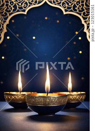 Diya lamps illuminate a festive display, showcasing intricate designs and warm flames. Perfect for celebrating Diwali or Ramadan with elegance and joy. Generative AI 123015161