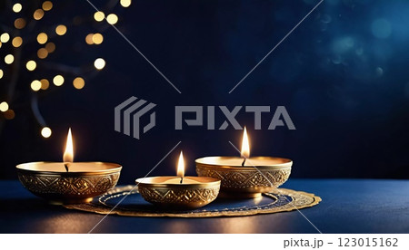 Diya lamps illuminate a festive display, showcasing intricate designs and warm flames. Perfect for celebrating Diwali or Ramadan with elegance and joy. Generative AI 123015162