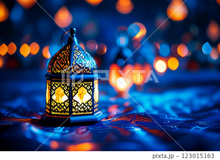Vibrant Arabic lanterns shine brightly during a festive Ramadan night, creating a warm and inviting ambiance for celebration and community gatherings. Generative AI 123015163