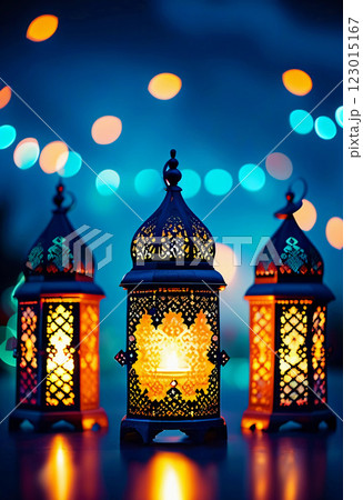 Vibrant Arabic lanterns shine brightly during a festive Ramadan night, creating a warm and inviting ambiance for celebration and community gatherings. Generative AI 123015167