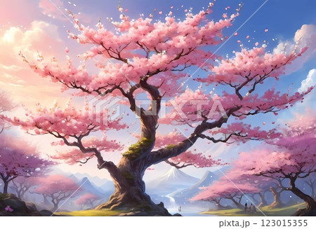 Sakura is blooming. Delicate pink cherry blossoms bloom beautifully on a tree branch during the spring season. Mountains at twilight. Pink cherry bloom. Mount Fuji in view. Generative AI. 123015355