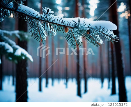 A serene winter forest showcases tall pine trees blanketed in fresh snow. Soft flakes fall gently, creating a magical atmosphere as a quiet path winds through the trees. Taiga biome of the north. AI 123015372