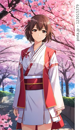 A young Japanese woman, dressed in a beautiful kimono, stands amidst blooming cherry trees, with Mount Fuji in view. Generative AI. Sakura is blooming. Pink cherry blossoms 123015379