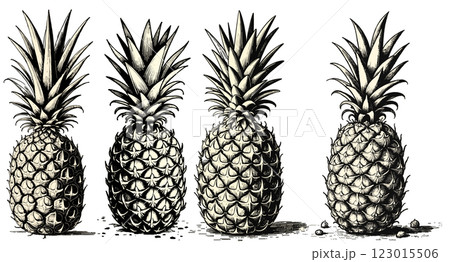 Intricate vintage ananas engraving in black and sepia tones with detailed linework, illustration 123015506