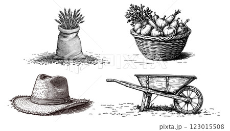 Hand drawn vintage engraving-style line work illustration farm tools and produce vector Hand drawn vintage engraving-style line work illustration farm tools and produce vector 123015508
