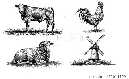 Hand-drawn vintage farm animals and windmill vector illustration in engraving-style line work Hand-drawn vintage farm animals and windmill vector illustration in engraving-style line work 123015509