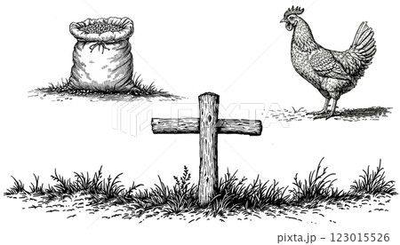 Rustic farm scene featuring fence, grass, chicken, grain sack, millet, and oats vector illustration 123015526