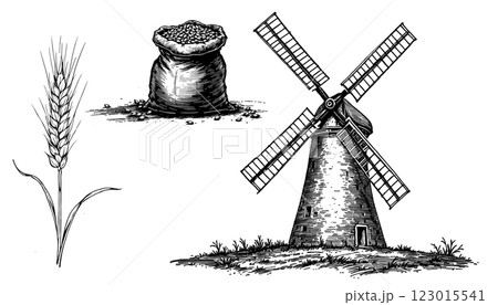 Hand-drawn vintage illustration vector of flour, millet, oats, windmill, and sack of grain 123015541