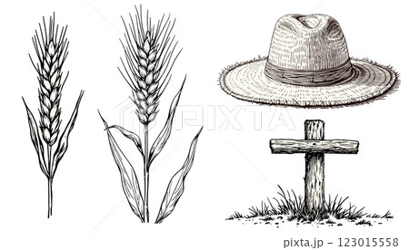 Wheat ears, grass, straw hat, and wooden fence in monochrome vector illustration Wheat ears, grass, straw hat, and wooden fence in monochrome vector illustration 123015558