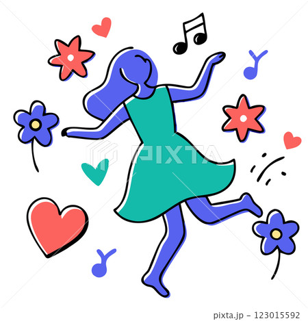 Joyful doodle of a dancing girl with music notes, hearts, and flowers. 123015592