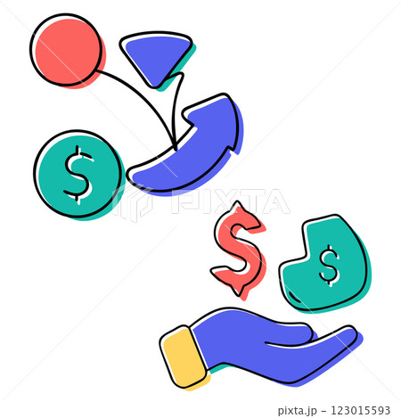Colorful doodle illustration of a hand holding a dollar coin with money symbols 123015593