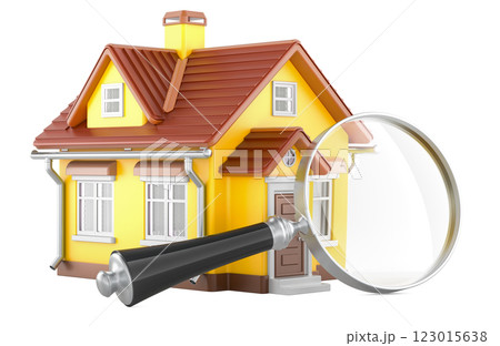 House with loupe. Finding a home to rent or buy, concept. 3D rendering 123015638