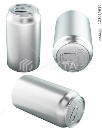 Blank metal drink cans. Different views and angles. 3D rendering 123015650
