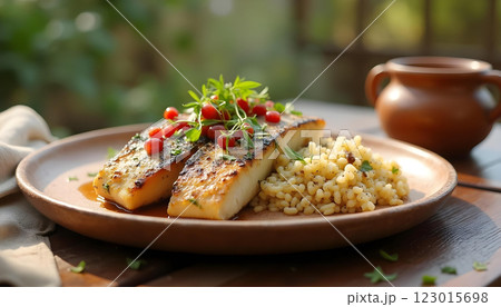 Grilled barramundi fillet with ptitim, cherry tomatoes, parsley and yellow sauce, white plate 123015698