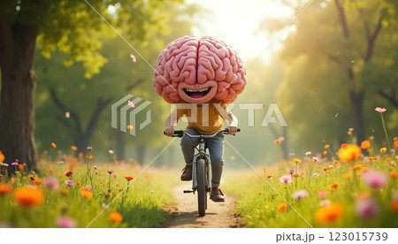 A young child with a large brain riding a bicycle on a path surrounded by trees and flowers 123015739