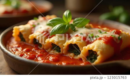 Plate of stuffed manicotti pasta with tomato sauce, parmesan, and fresh basil garnish 123015763