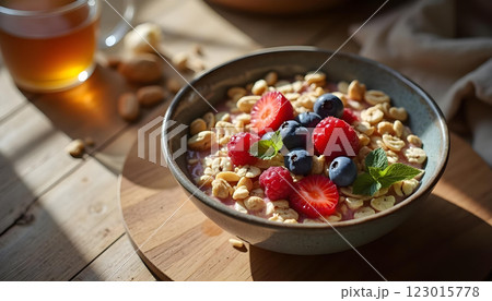 A bowl of granola with fresh berries including raspberries, blueberries, and blackberries 123015778