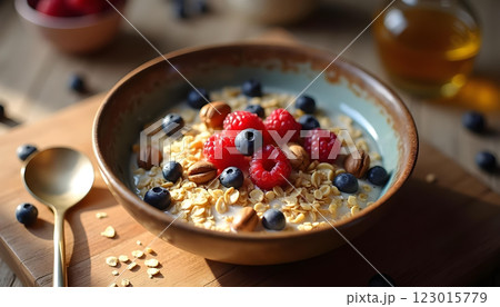 A bowl of granola with fresh berries including raspberries, blueberries, and blackberries 123015779