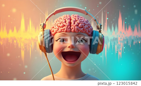 3D illustration of smiling brain with headphones on colorful background 3D illustration of smiling brain with headphones on colorful background 123015842