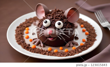 Chocolate rat cake with pink ears and whiskers on a white plate decorated with orange candy 123015843