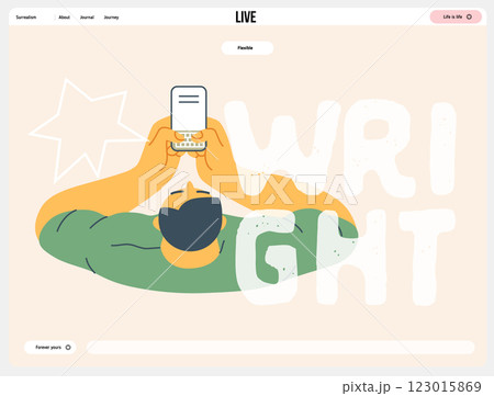 Writing people, modern flat vector concept illustration- sitting man thoughtfully writing on laptop, bubble near head, top view. Metaphor for reflection, insight, contemplation, creative expression 123015869