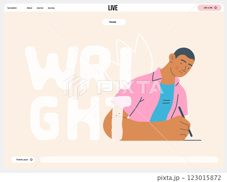 Writing people, modern flat vector concept illustration- sitting woman thoughtfully writing on paper, bubble near head Metaphor for reflection, personal insight, contemplation, creative expression 123015872