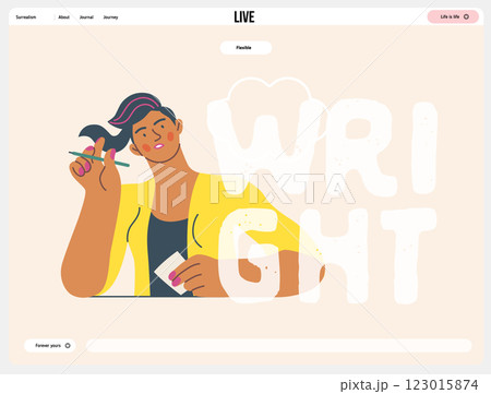 Writing people, modern flat vector concept illustration- sitting woman thoughtfully writing on paper, bubble near head Metaphor for reflection, personal insight, contemplation, creative expression 123015874