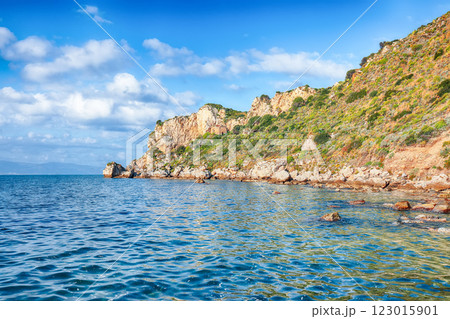 Scenic spring view on the the cape Milazzo panorama of nature reserve Piscina di Venere. 123015901