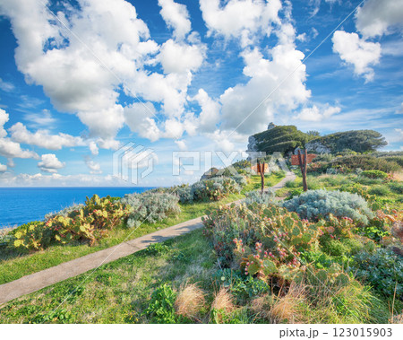 Picturesque spring view on the the cape Milazzo panorama of nature reserve Piscina di Venere. 123015903